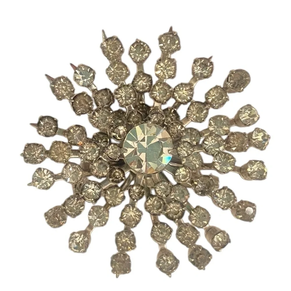 Vintage Coro clear rhinestone crystal starburst brooch marked